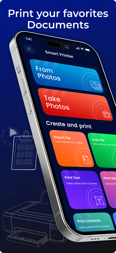 Interface do aplicativo Impressora Inteligente Tudo em Um no iPhone mostrando opções para imprimir fotos, digitalizar documentos e importar arquivos.