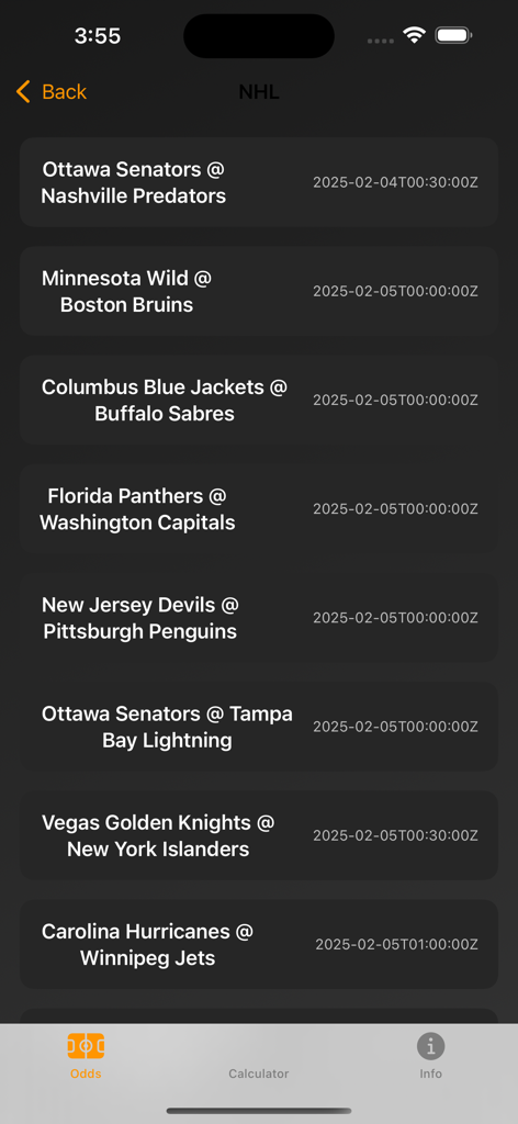 Live Sports Arbitrage - Screenshot of the Live Sports Arbitrage app showing a list of upcoming NHL games with their scheduled dates and times for betting.