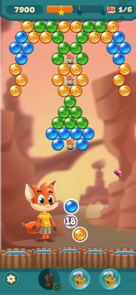 Bubble Friends Bubble Shooter - Bubble Friends Bubble Shooter gameplay featuring a cute fox character and colorful bubbles in a desert canyon