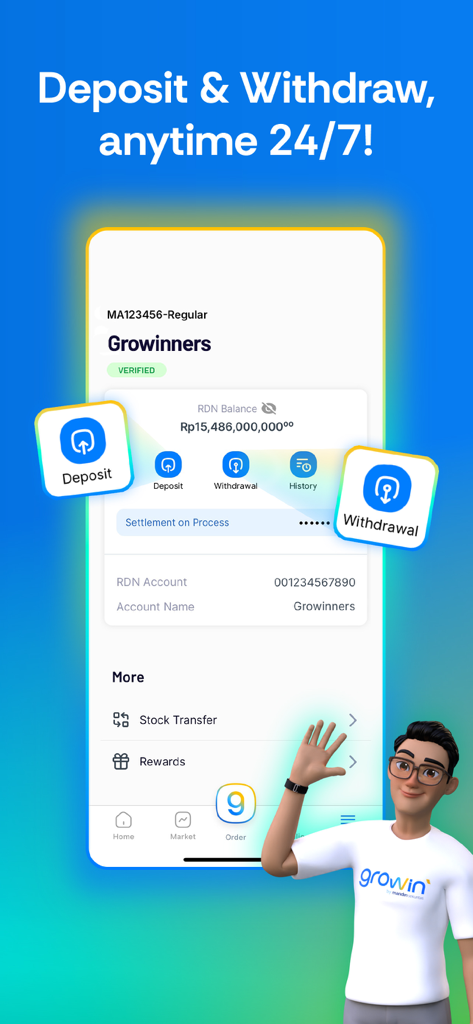 Growin app interface displaying RDN balance and 24/7 deposit and withdrawal features