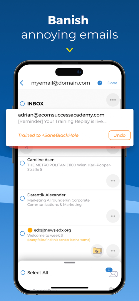 SaneBox mobile app screen demonstrating how to banish annoying emails and filter unwanted senders using AI