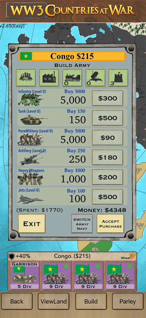 WW3 Countries at War - Build army menu in the WW3 Countries at War strategy game showing military unit purchase options