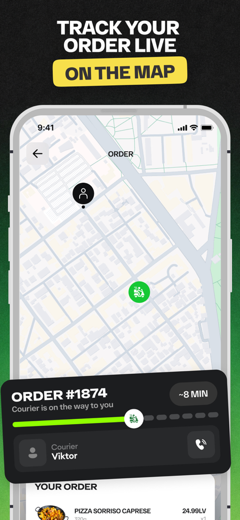 Mobil-App-Bildschirm, der die Live-Bestellverfolgung auf einer Karte mit dem Status des Kuriers zeigt