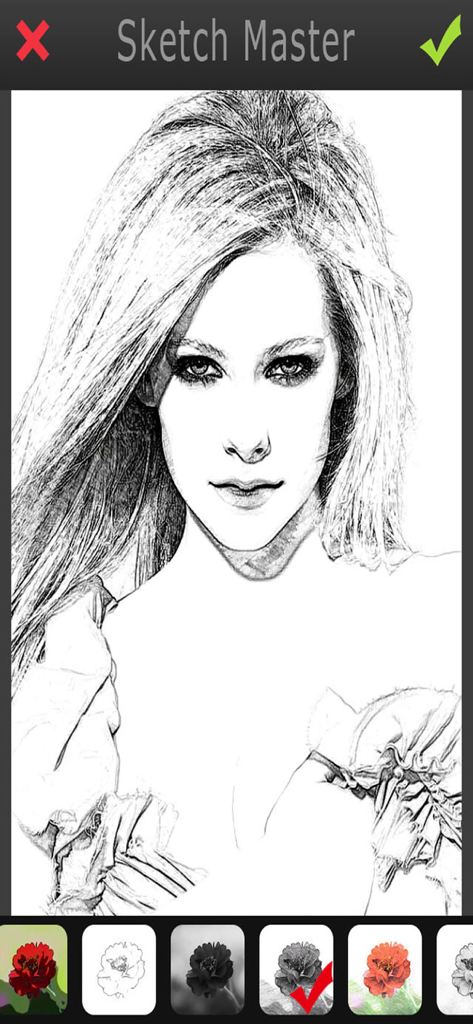 Retrato de una mujer transformado en un detallado boceto a lápiz usando el filtro de la aplicación Sketch Master.