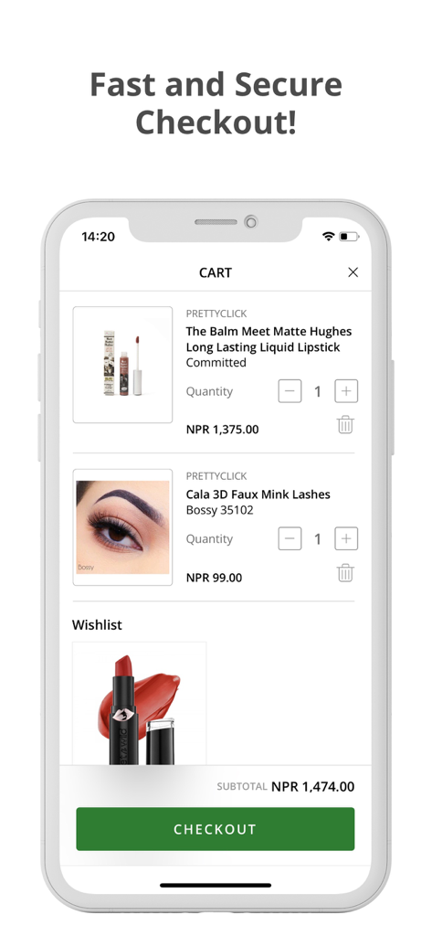 Prettyclicknepal - Prettyclicknepal app shopping cart interface showing makeup items and a green checkout button