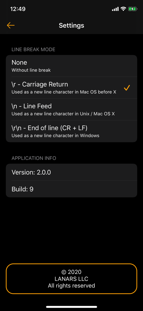 BLE Terminal - bluetooth tools - Pantalla de configuración de la aplicación BLE Terminal que muestra configuraciones de modo de salto de línea para la transmisión de datos Bluetooth