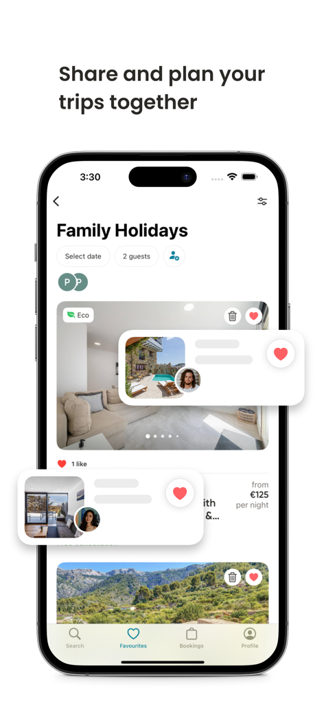 Holidu: Vacation Rentals - 物件のお気に入り登録や同行者との共同編集などの共有旅行計画機能を表示するHoliduアプリのインターフェース