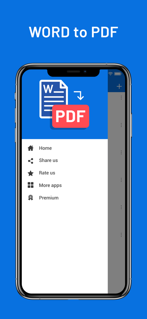 Word to PDF converter app side menu on an iPhone