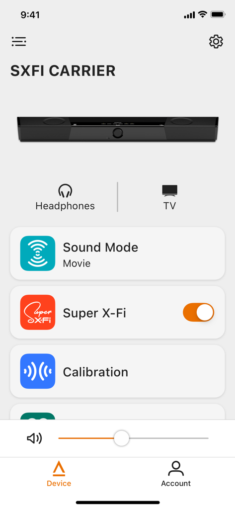 Creative app interface showing sound mode and volume controls for the SXFI Carrier soundbar