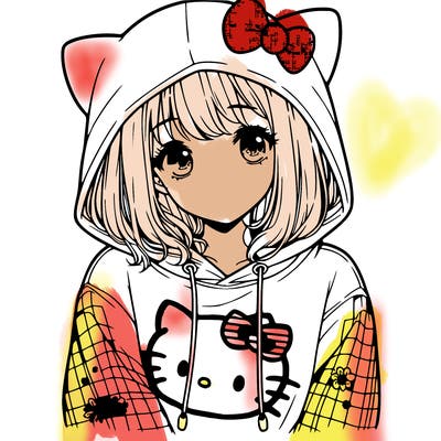 a girl wearing a hello kitty sweater with hood also realistic