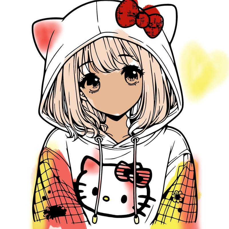 a girl wearing a hello kitty sweater with hood also realistic