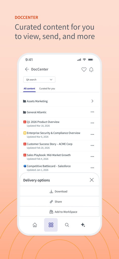 Seismic app interface showing the DocCenter with curated sales content and delivery options for sharing and downloading documents