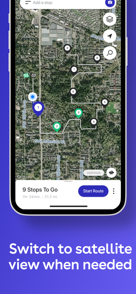 Straightaway Powered by Mapbox - A mobile screen showing a delivery route with nine stops on a satellite map in the Straightaway app.