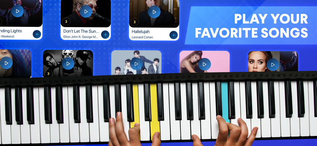 OnlinePianist: Piano Songs - Hands playing piano with a selection of popular song tutorials