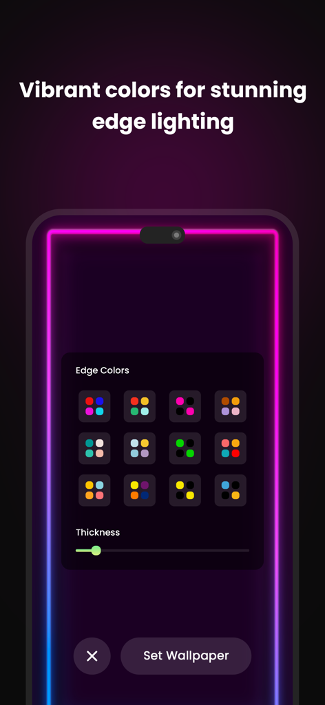 EDGE Lighting -LED Borderlight - iPhone screen displaying vibrant neon pink edge lighting with a color customization menu and border thickness slider