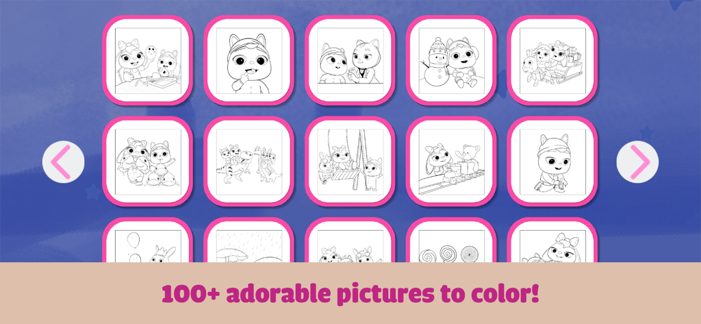 Eli Kids: Coloring Book - A menu display showing over 100 adorable coloring pages with characters and animals for children.