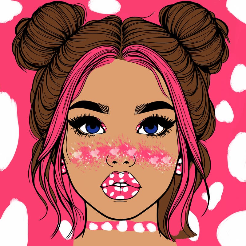 realistic girl with two buns on her hair and lips