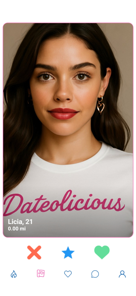 Profile screen of a user named Licia on the Dateolicious dating app interface showing navigation and swiping icons