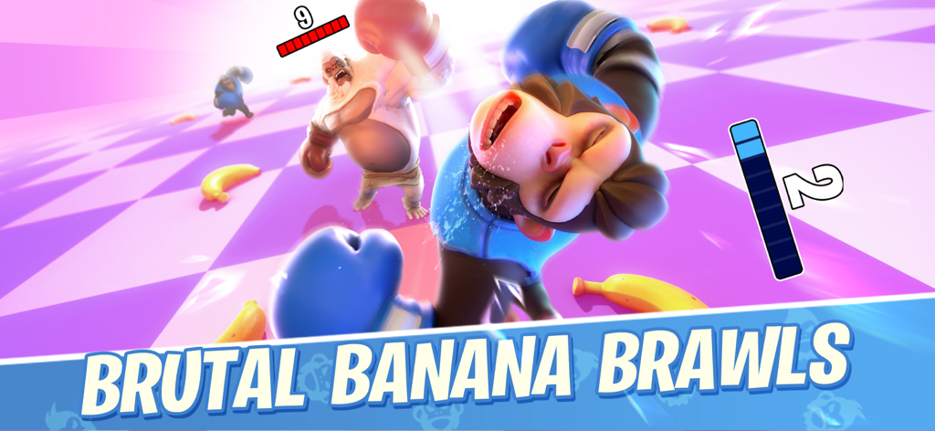 A white gorilla and a monkey boxing in a purple checkered arena with the text Brutal Banana Brawls