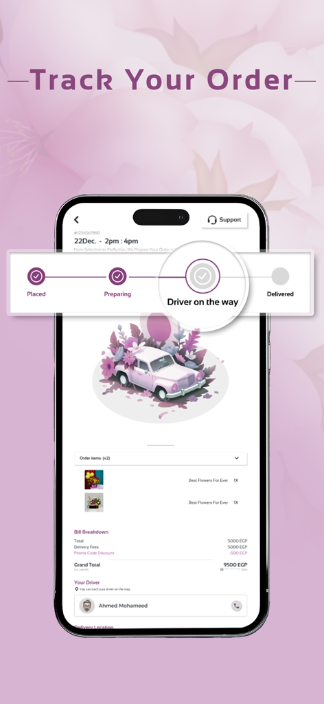 Flowrista  Flowers & Gifts - Flowrista app interface for tracking a flower delivery order showing driver on the way status