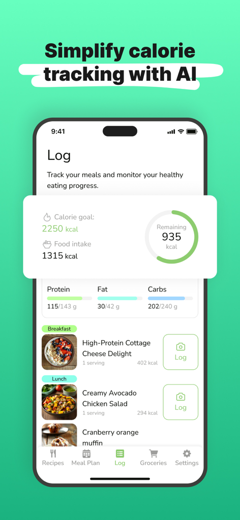 Eatr: Tasty Cooking Recipes - Interface do aplicativo Eatr mostrando um painel de rastreamento de calorias com registro de refeições e progresso nutricional