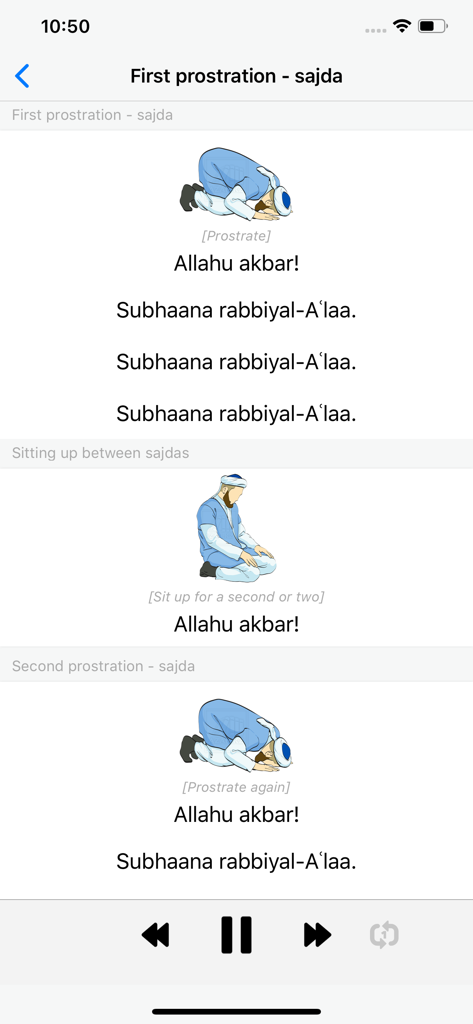 Visual guide for prostration steps in Salah prayer with Arabic transliteration and audio player interface.