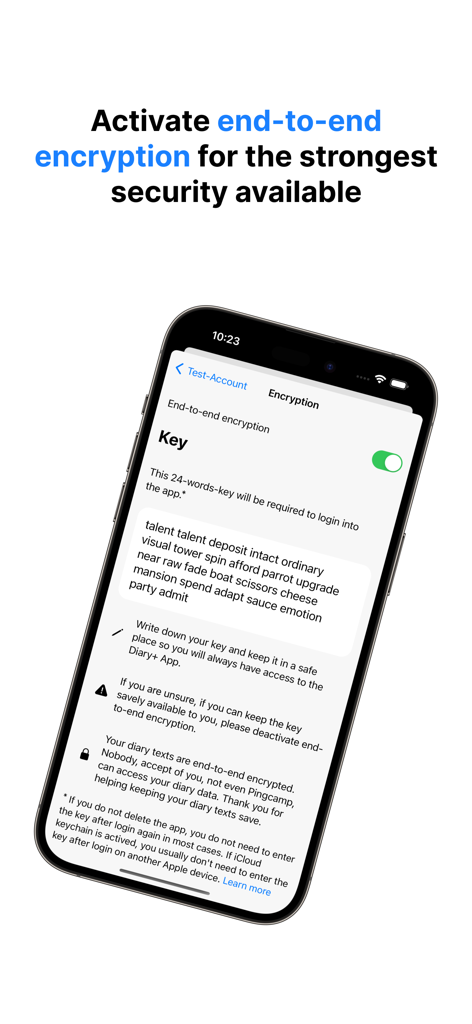 Diary+: Gratitude, Mindfulness - Diary plus感謝アプリのエンドツーエンド暗号化キー設定を表示するiPhone画面
