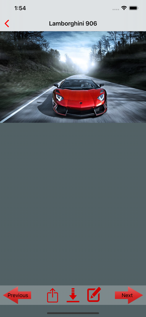 Car Wallpapers in HD - Vista previa de un fondo de pantalla de Lamborghini rojo de alta definición en la interfaz de la aplicación