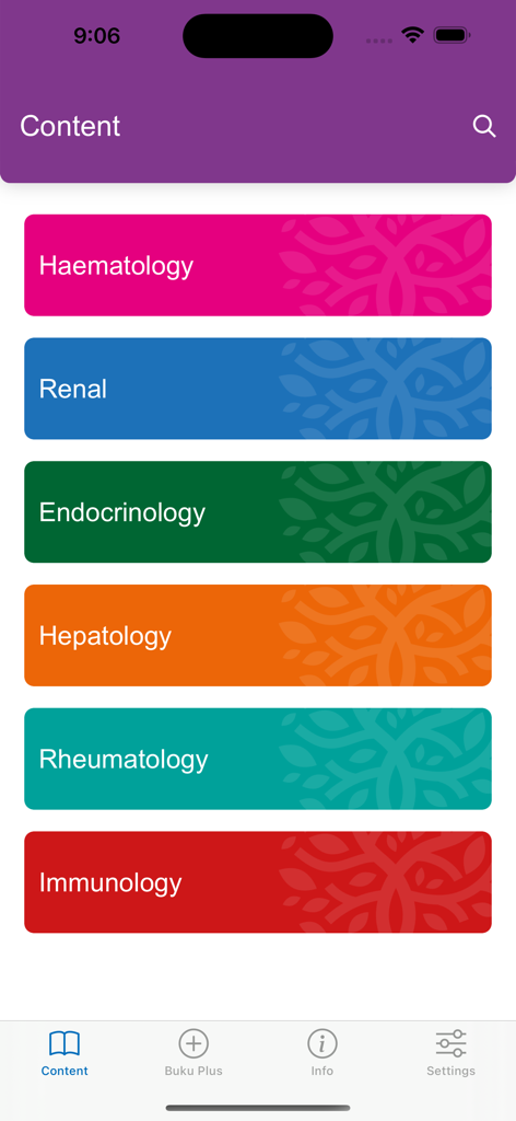 Buku Medicine - Buku Medicine app interface showing medical specialties menu with categories for Haematology, Renal, and Endocrinology.