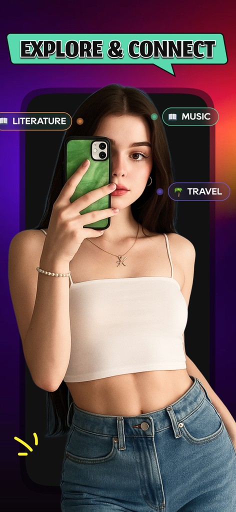 A young woman taking a mirror selfie with interest tags for literature music and travel on the Truel app