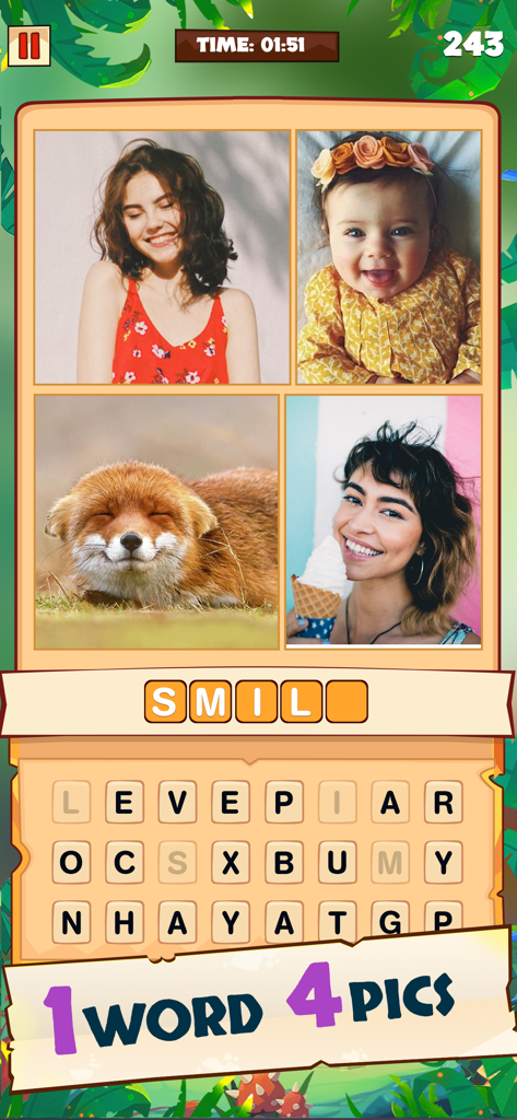 Word Search Tour: Link Letters - Word Search Tour mobile game interface showing a 1 word 4 pics puzzle with pictures of people and animals smiling