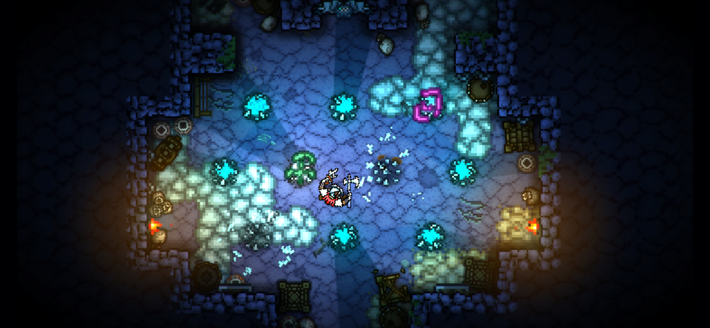 Personaje héroe luchando contra enemigos en una mazmorra de pixel art de Pocket Rogues Ultimate