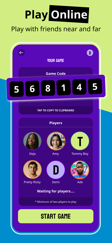 Roasted: Exposed 2 Party Lab - Roasted app online lobby screen with game code and player avatars