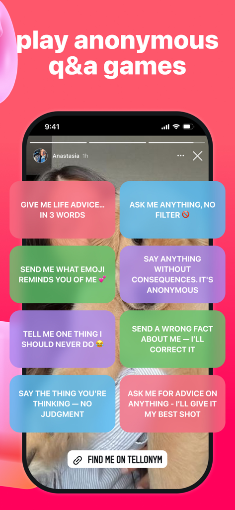 Interface de l'application Tellonym montrant des invites de jeux Q&R anonymes pour les stories Instagram.