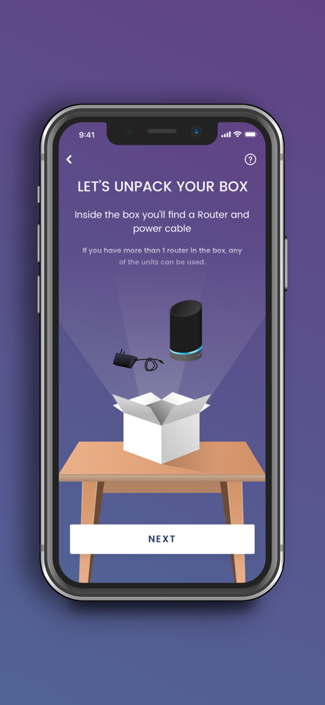 SURFboard Central - Pantalla de configuración de la aplicación SURFboard Central mostrando instrucciones para desempaquetar el enrutador