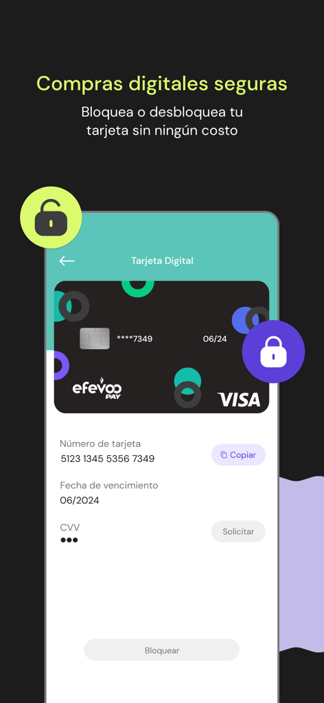 Efevoo Pay - Interface of the Efevoo Pay app showing a digital Visa card with options to lock and unlock for secure online purchases.