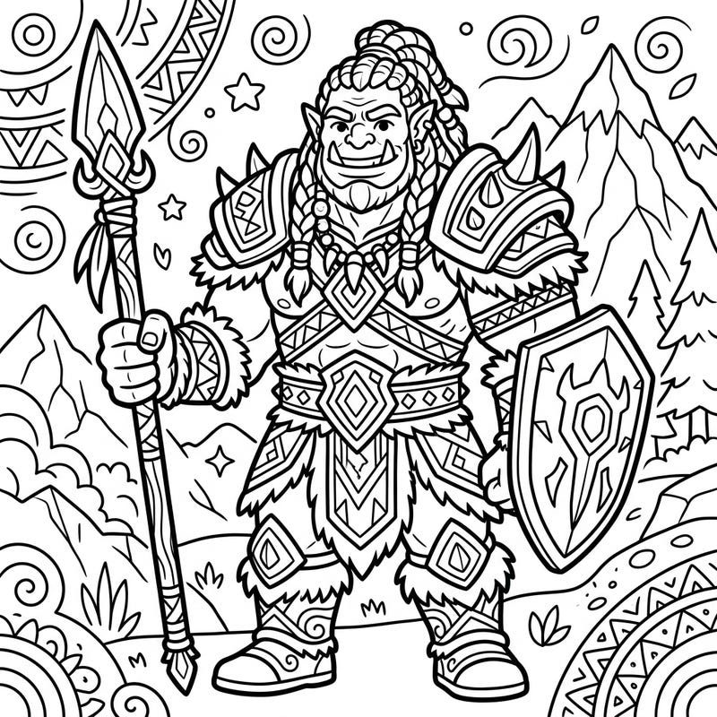 Bring this brave Orc Chieftain to life with vibrant colors! Designed specifically for kids aged 4-8, this coloring page offers a thrilling fantasy adventure with easy-to-color lines and engaging details.