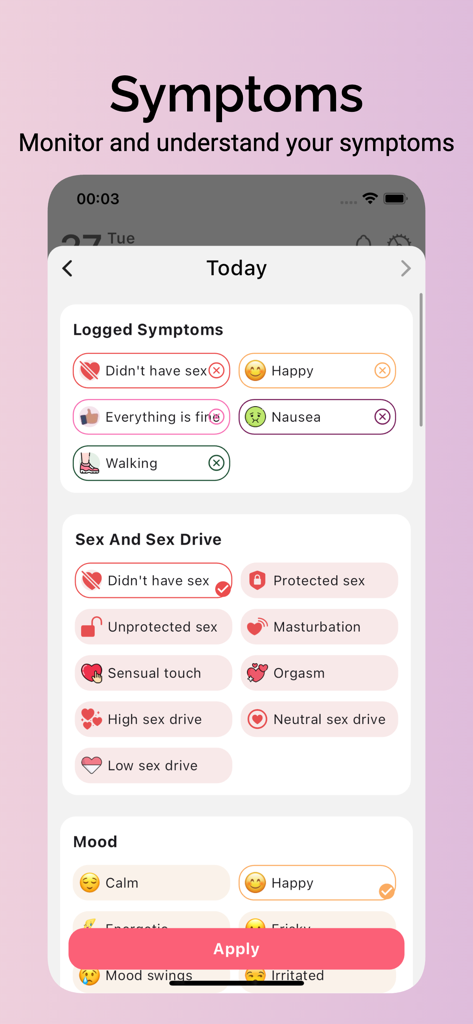 Count the Kicks - Kick Counter - Interface of the Mia app for monitoring pregnancy symptoms mood and activity