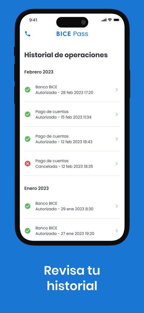 BICE Pass - Interfaz de la aplicación BICE Pass que muestra una lista de operaciones bancarias autorizadas y canceladas