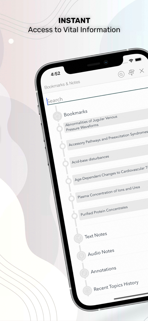 Stoelting Anesthetic Practice - Stoelting Anesthetic Practice app showing the bookmarks and notes screen with search functionality