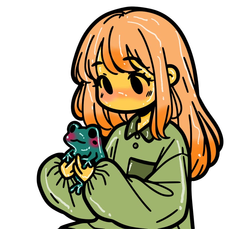 girl with long hair and a oversized shirt. and she is holding a frog