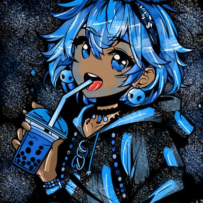 hot baddie anime girl drinking boba and biting the straw