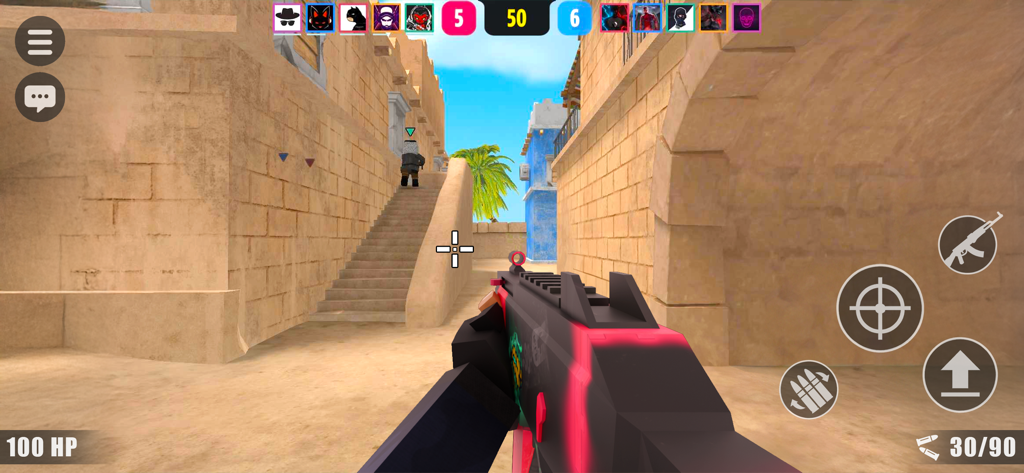 BLOCKFIELD: FPS Pixel Shooter - Vista en primera persona de un juego de disparos pixelado en un mapa de pueblo desértico con gráficos pixelados