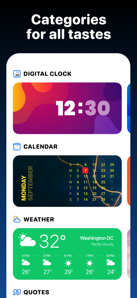 Widget | Countdown to birthday - A display of aesthetic iOS widget categories including digital clock, calendar, and weather
