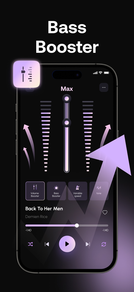 Sound Boost: Enhance & Isolate - Interface of the Sound Boost app showing the Bass Booster feature set to maximum on an iPhone.