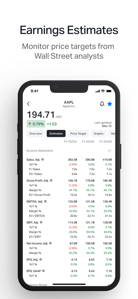 Koyfin: Market Data & Analysis - Koyfin 앱 화면에 Apple Inc.의 AAPL 수익 추정치 및 재무 지표 표시
