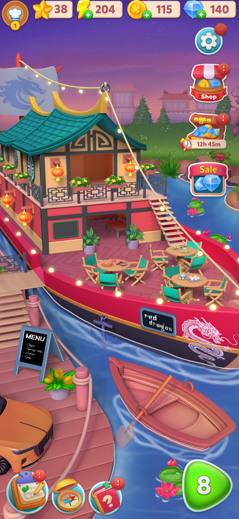 Merge Craze: Merge & Design - Renovated Red Dragon boat restaurant with lanterns and outdoor seating