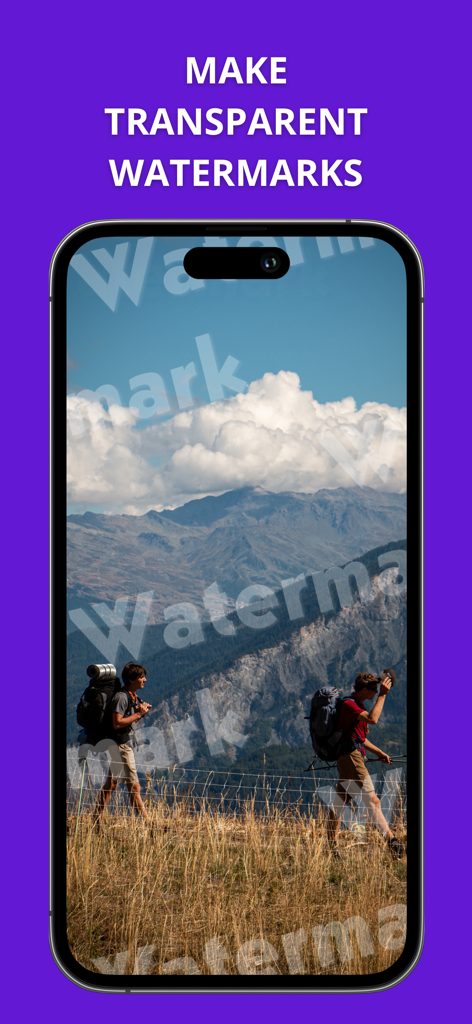 Screenshot of the Watermarkly app showing a landscape photo with transparent text watermarks.