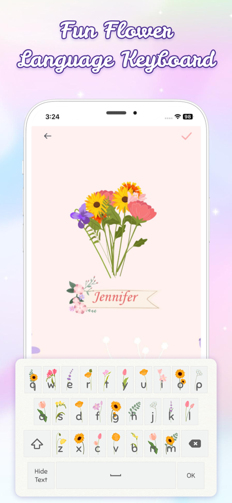 Flower Language Keyboard - Interface of the Flower Language Keyboard app showing a personalized flower bouquet and a name tag for Jennifer.