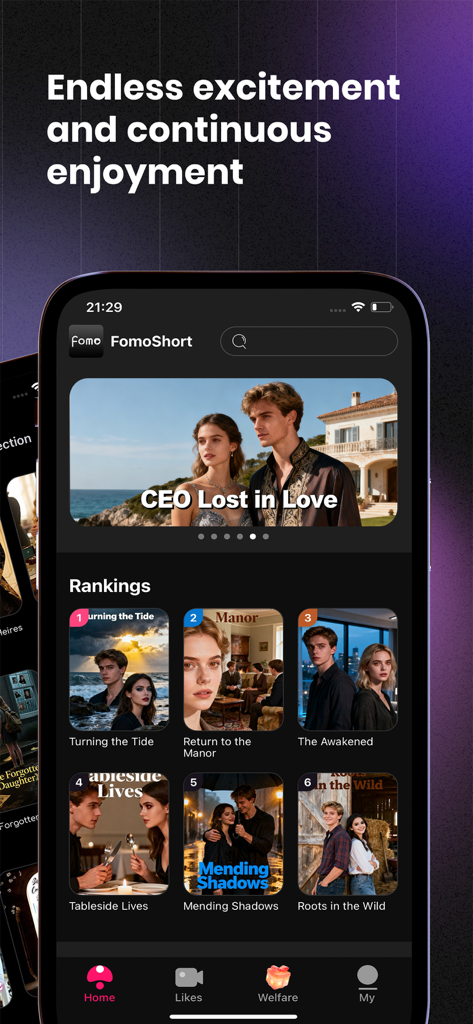 FomoShort - The FomoShort app interface showing a featured drama titled CEO Lost in Love and a ranking list of trending short stories.